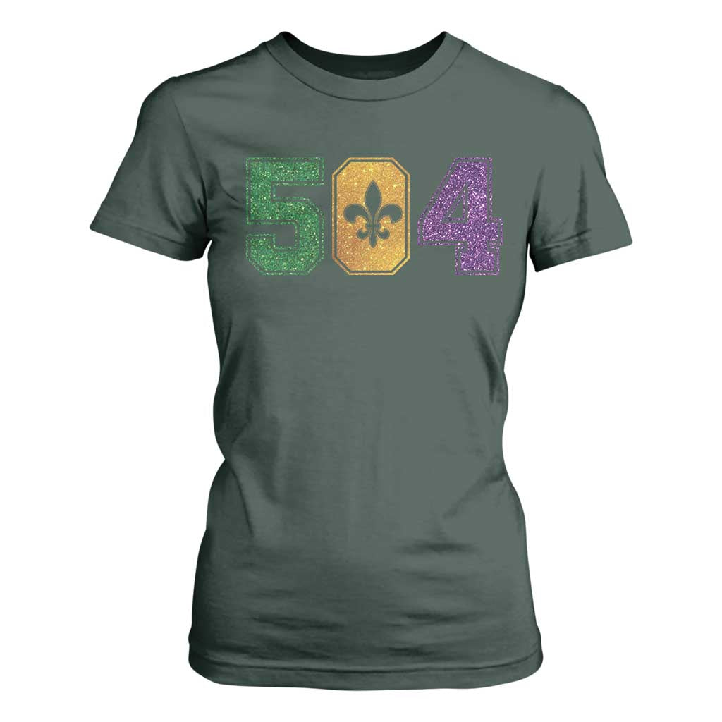 Mardi Gras 504 Nola New Orleans Louisiana T Shirt For Women Glitter Print Fleur de Lis TS10 Dark Forest Green Print Your Wear