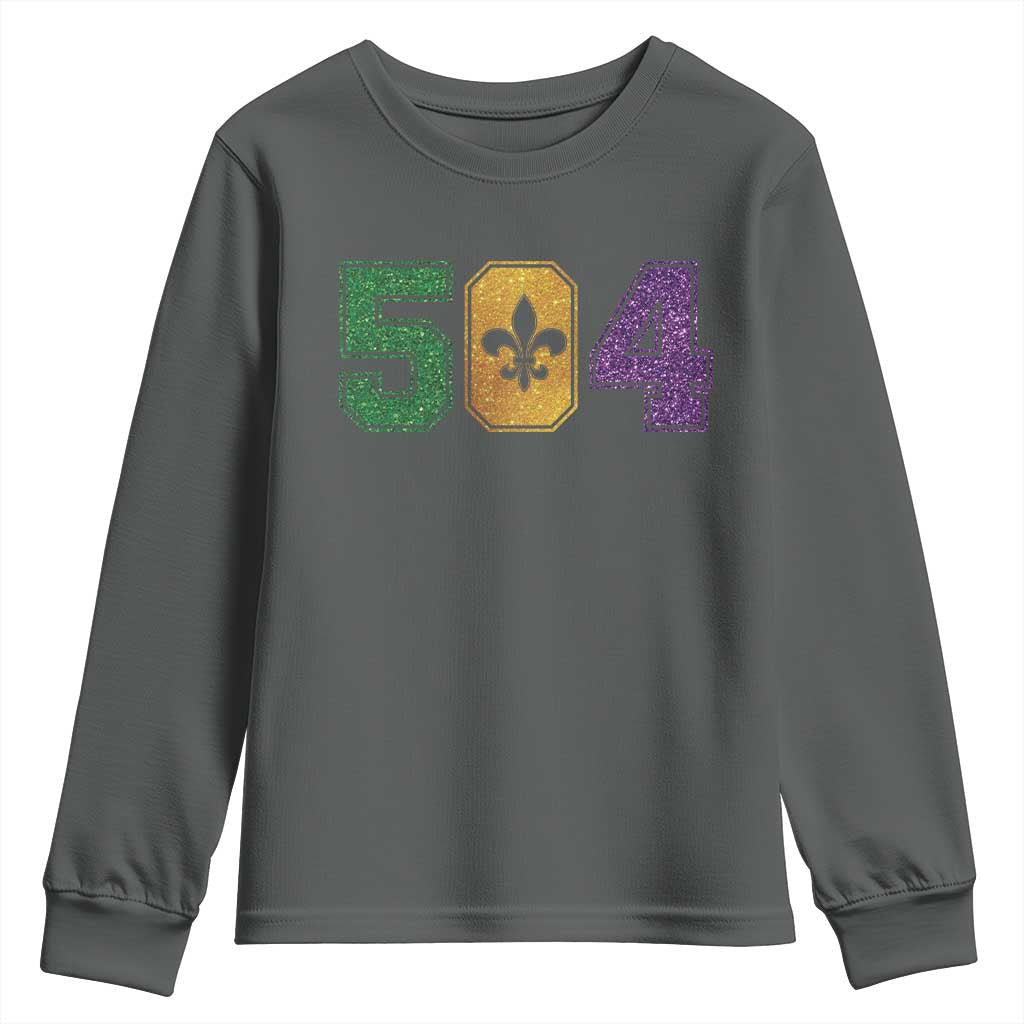 Mardi Gras 504 Nola New Orleans Louisiana Youth Sweatshirt Glitter Print Fleur de Lis TS10 Dark Heather Print Your Wear