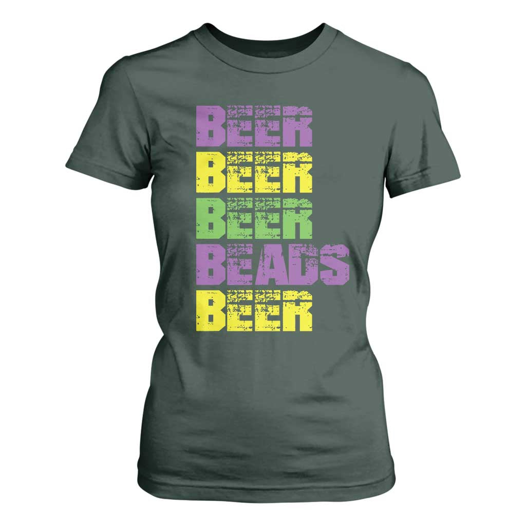 Funny Mardi Gras T Shirt For Women Retro Beer Beads Fat Tuesday Festival Celebration TS10 Dark Forest Green Print Your Wear