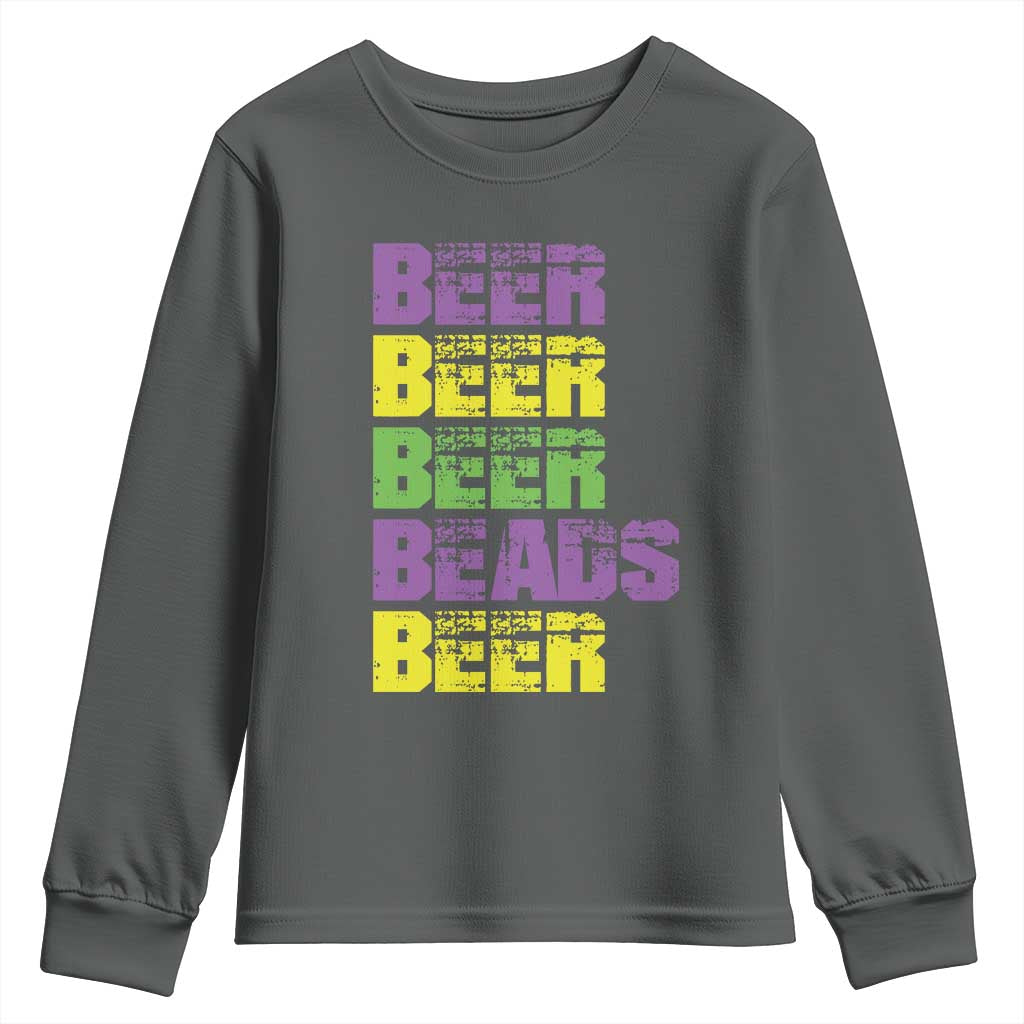 Funny Mardi Gras Youth Sweatshirt Retro Beer Beads Fat Tuesday Festival Celebration TS10 Dark Heather Print Your Wear