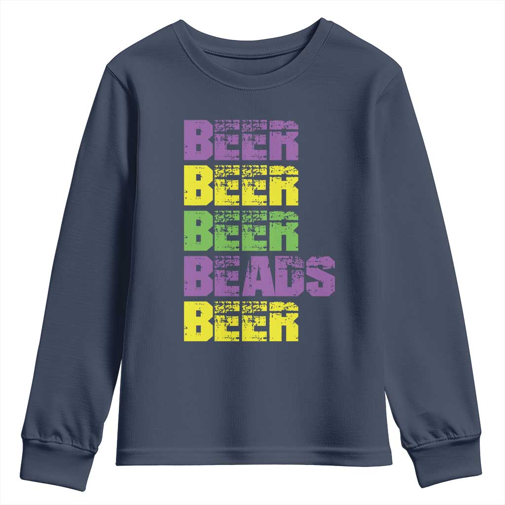 Funny Mardi Gras Youth Sweatshirt Retro Beer Beads Fat Tuesday Festival Celebration TS10 Navy Print Your Wear