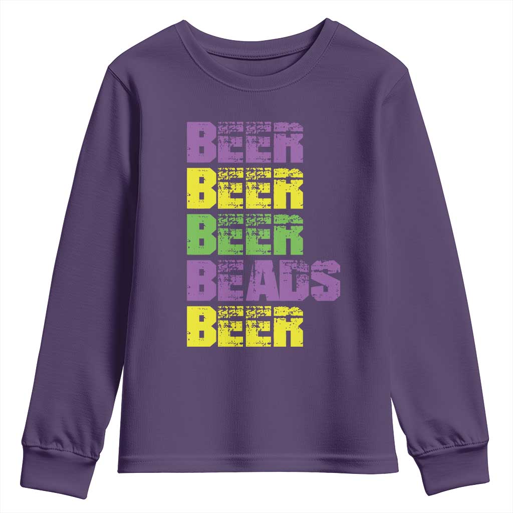 Funny Mardi Gras Youth Sweatshirt Retro Beer Beads Fat Tuesday Festival Celebration TS10 Purple Print Your Wear