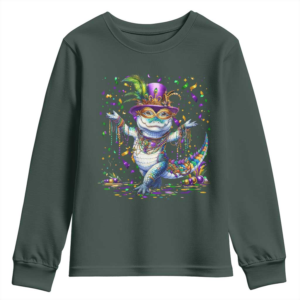 Mardi Gras Crocodile Youth Sweatshirt Mardigator Alligator Costume Carnival New Orleans Louisiana TS10 Dark Forest Green Print Your Wear