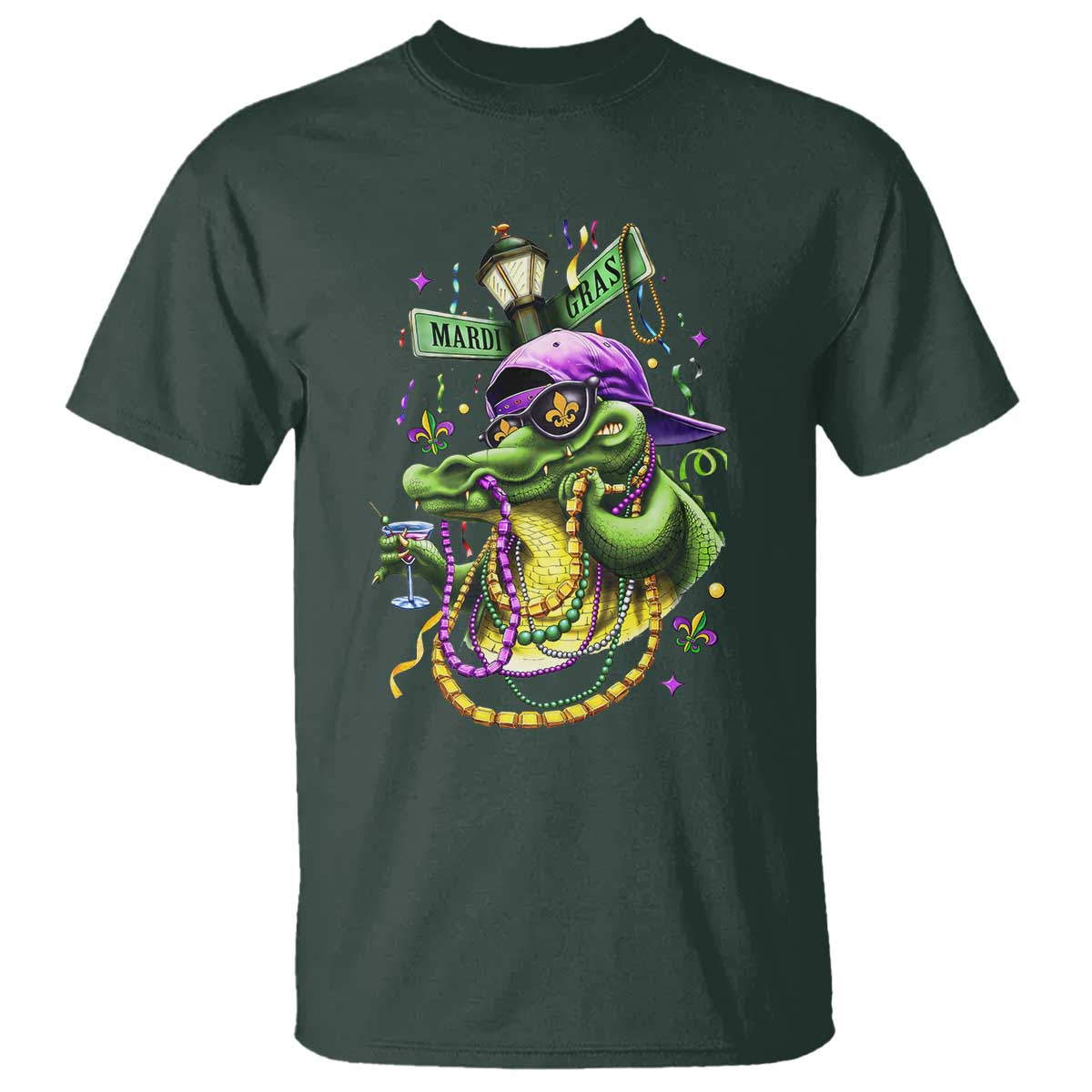 Mardi Gras Alligator Costume T Shirt Mardigator Crocodile Carnival New Orleans Louisiana TS10 Dark Forest Green Print Your Wear
