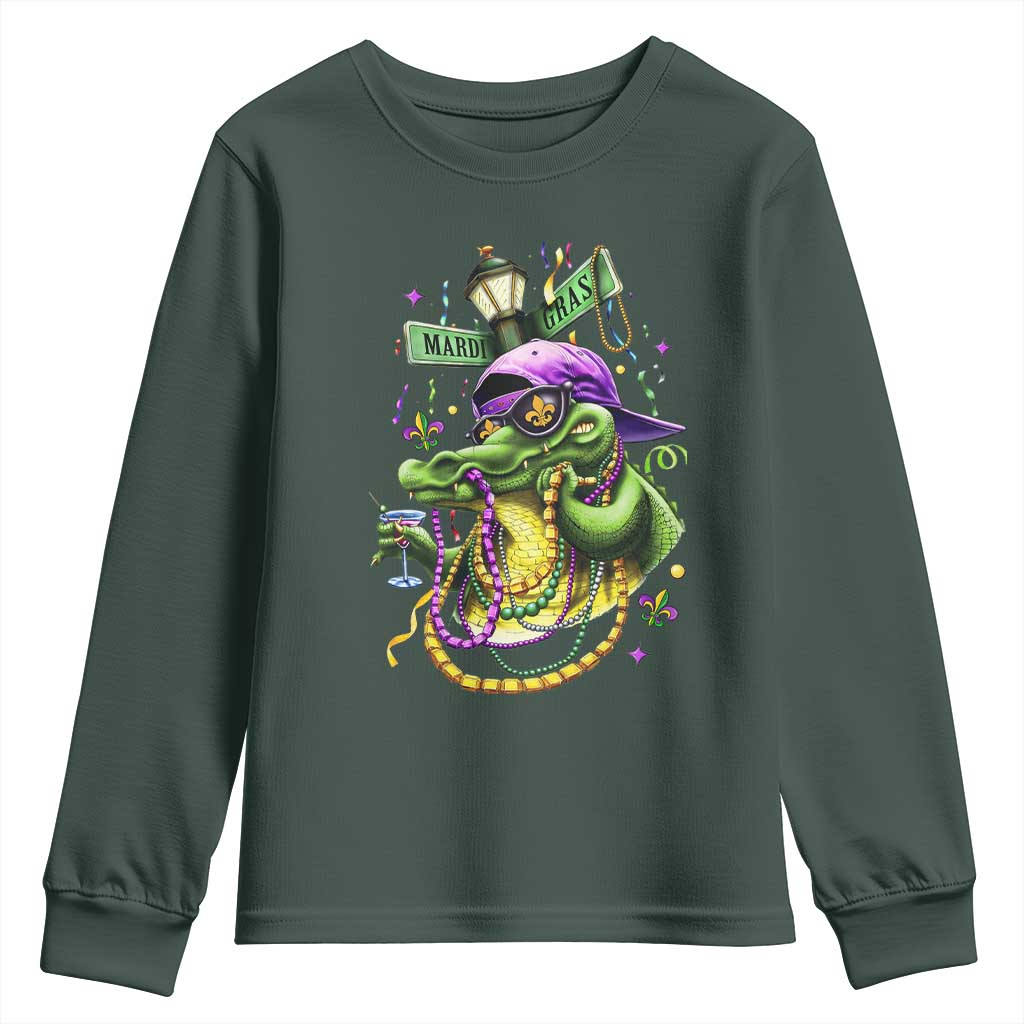 Mardi Gras Alligator Costume Youth Sweatshirt Mardigator Crocodile Carnival New Orleans Louisiana TS10 Dark Forest Green Print Your Wear