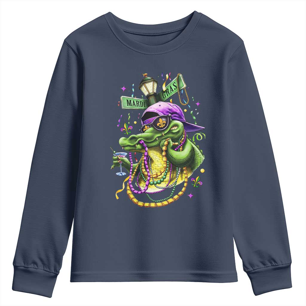 Mardi Gras Alligator Costume Youth Sweatshirt Mardigator Crocodile Carnival New Orleans Louisiana TS10 Navy Print Your Wear