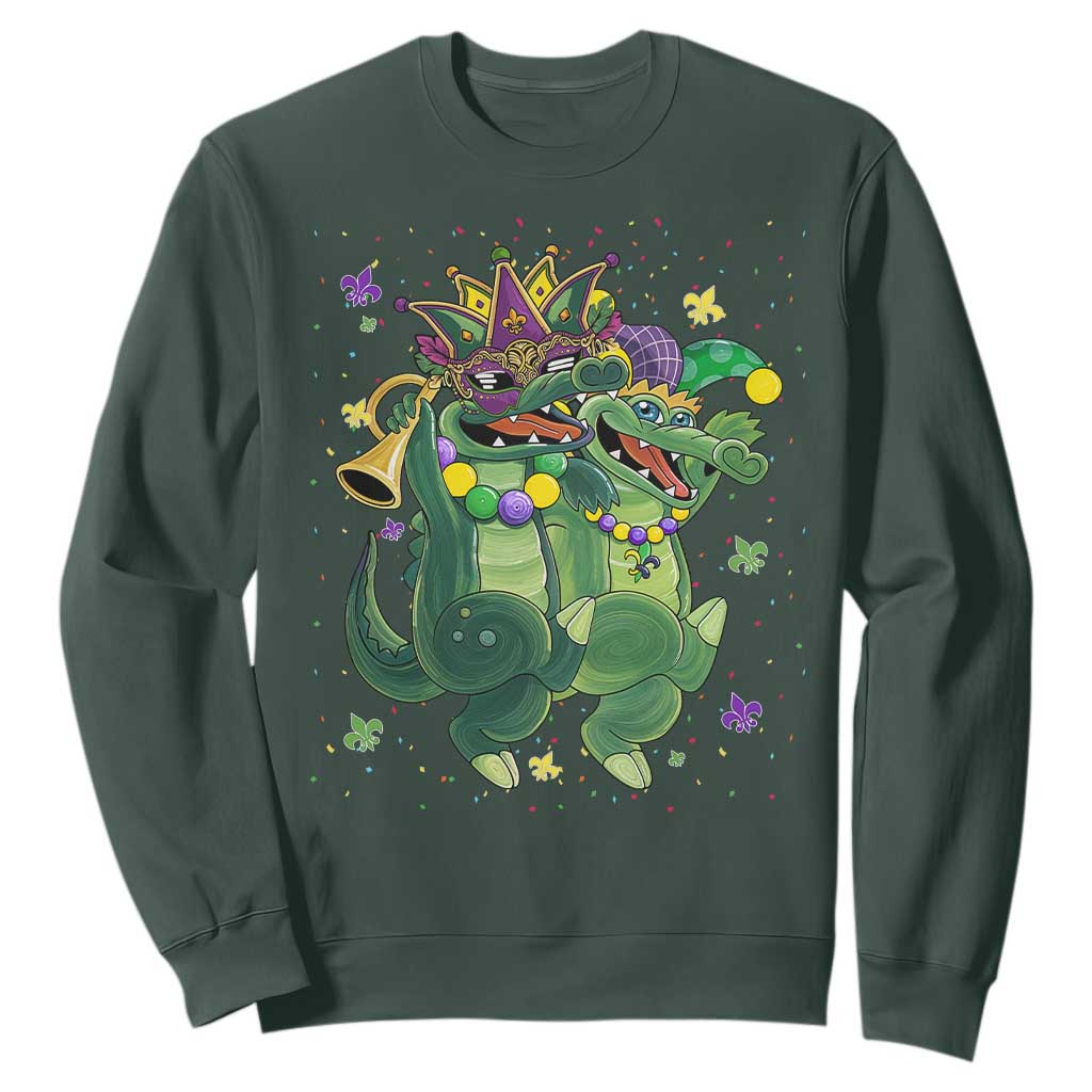 Happy Mardi Gras Alligator Sweatshirt Mardigator Crocodile Dancing New Orleans Louisiana TS10 Dark Forest Green Print Your Wear