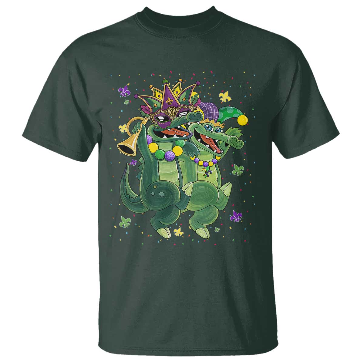 Happy Mardi Gras Alligator T Shirt Mardigator Crocodile Dancing New Orleans Louisiana TS10 Dark Forest Green Print Your Wear