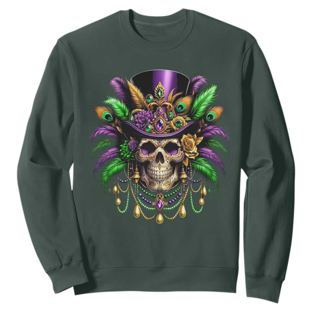 Mardi Gras Sugar Skull Sweatshirt Fat Tuesday TS10 Dark Forest Green Print Your Wear