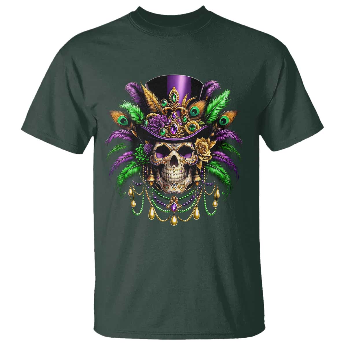 Mardi Gras Sugar Skull T Shirt Fat Tuesday TS10 Dark Forest Green Print Your Wear