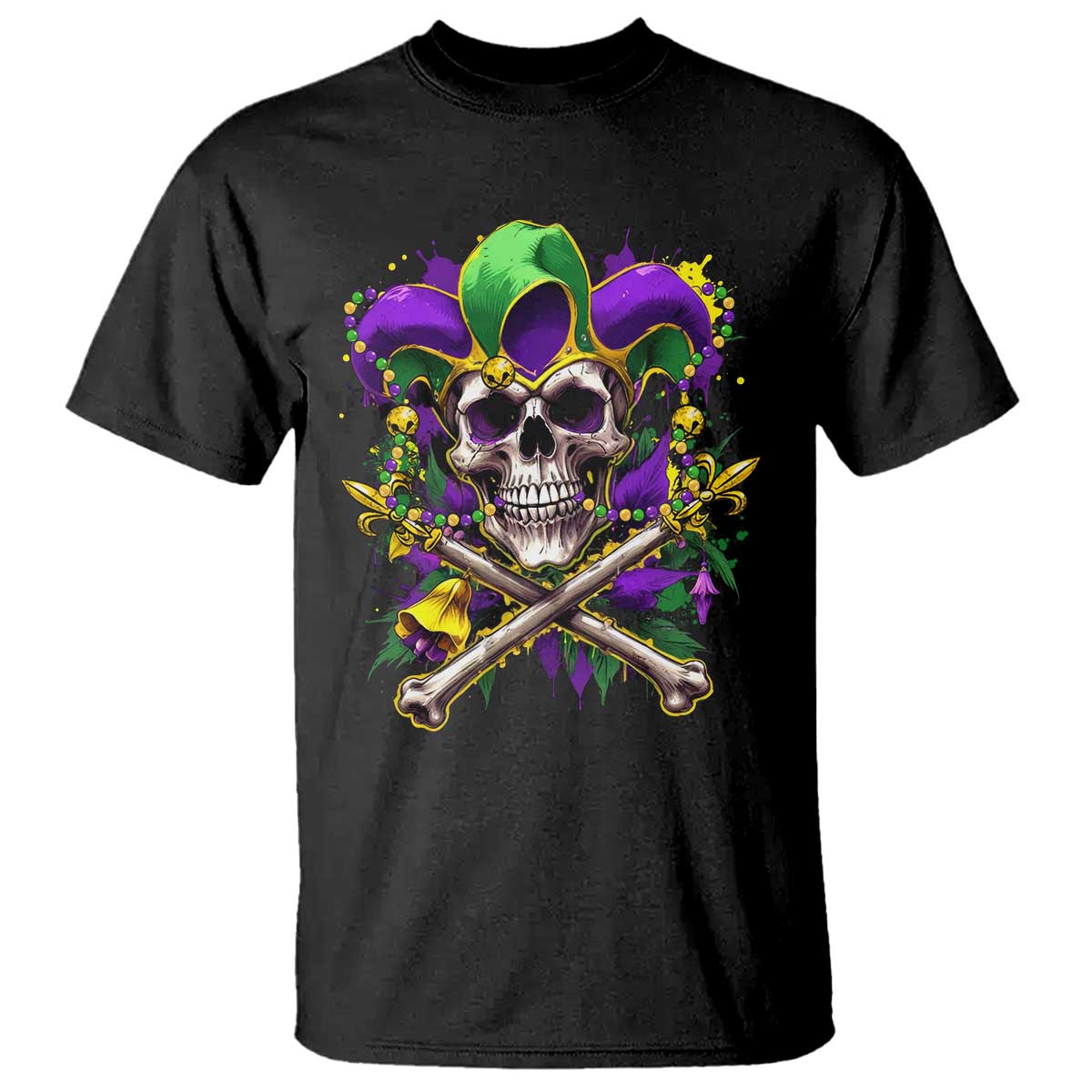 Mardi Gras Jester Skull T Shirt New Orleans Skeleton Beads TS10 Black Print Your Wear