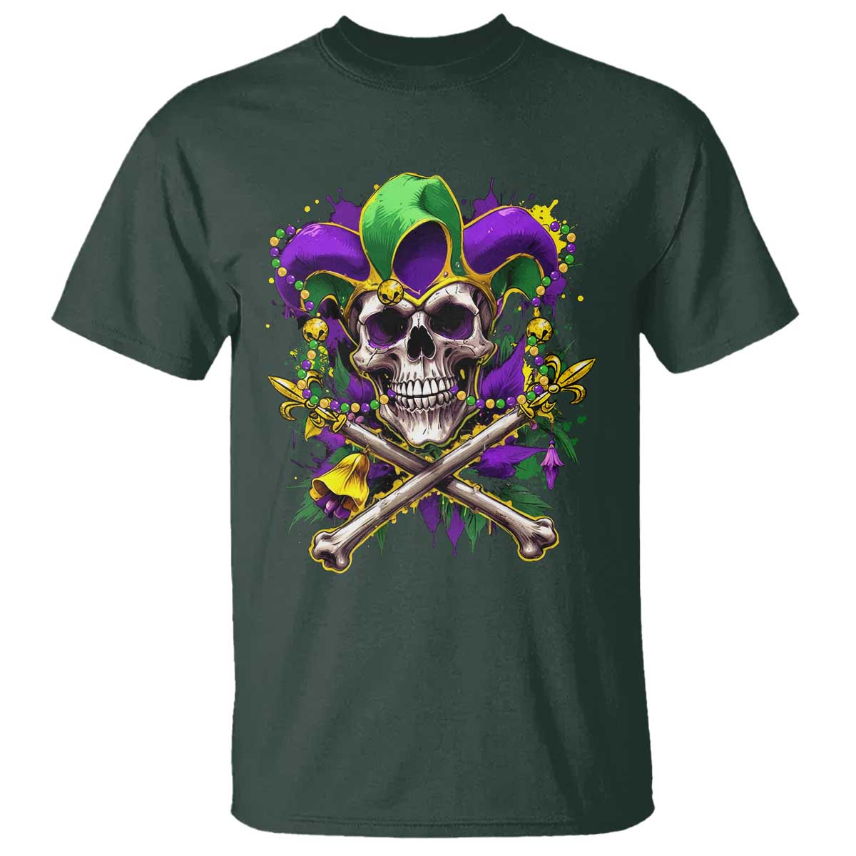 Mardi Gras Jester Skull T Shirt New Orleans Skeleton Beads TS10 Dark Forest Green Print Your Wear