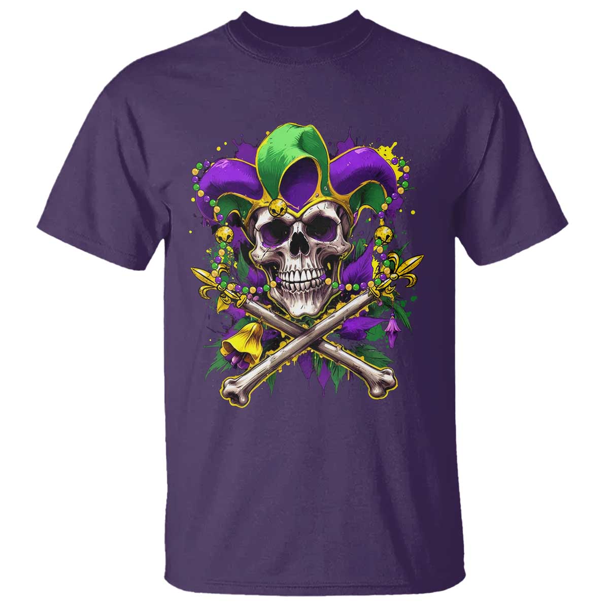 Mardi Gras Jester Skull T Shirt New Orleans Skeleton Beads TS10 Purple Print Your Wear