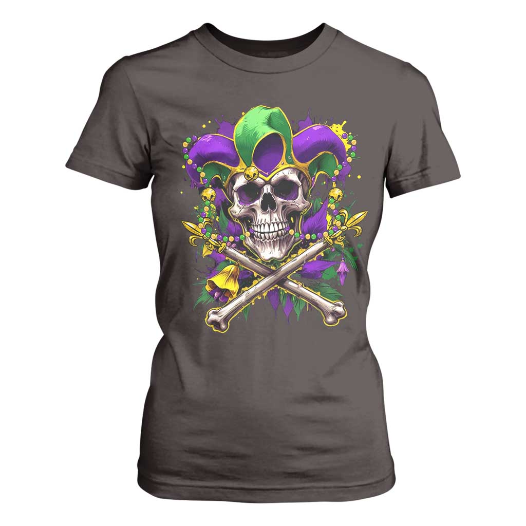 Mardi Gras Jester Skull T Shirt For Women New Orleans Skeleton Beads TS10 Dark Chocolate Print Your Wear