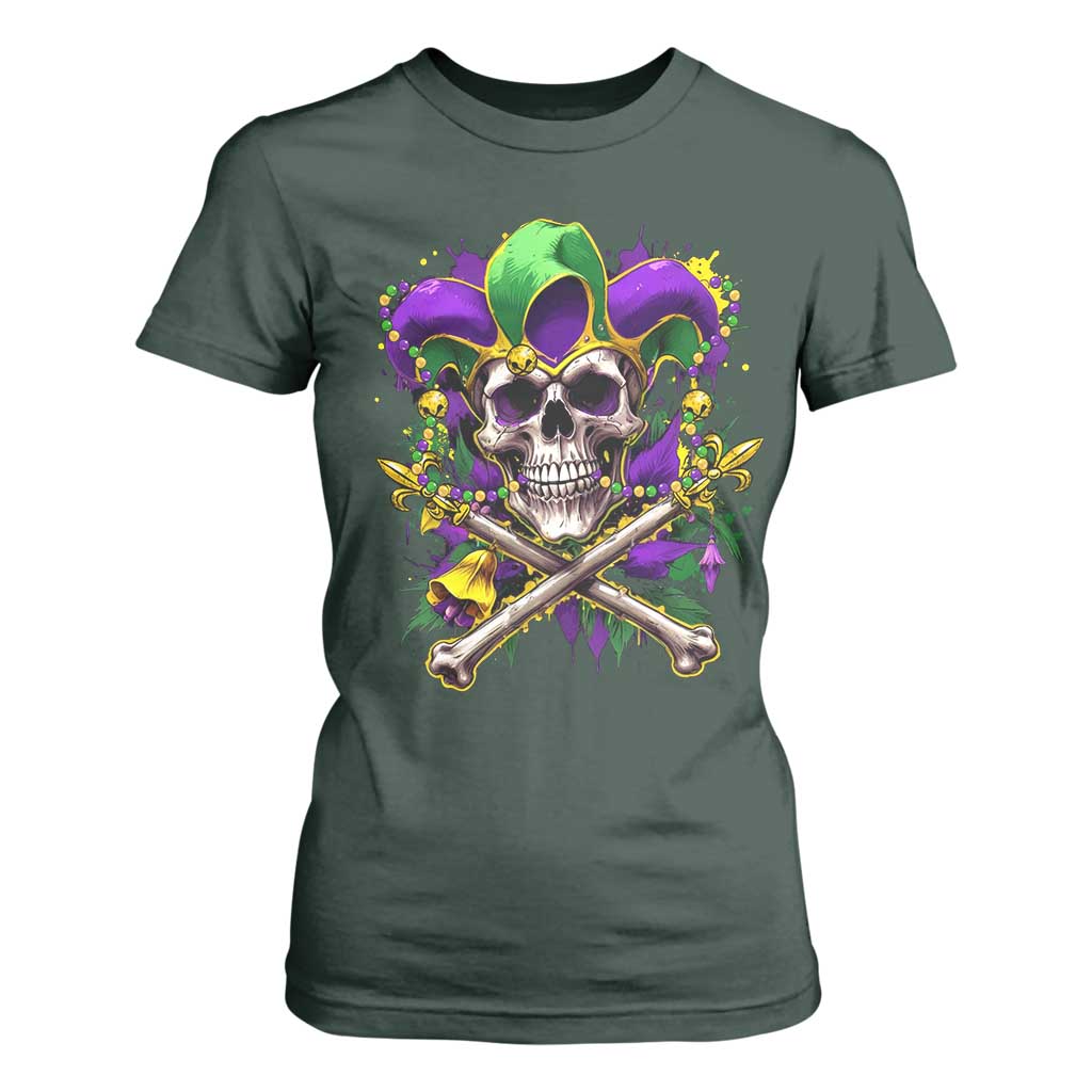 Mardi Gras Jester Skull T Shirt For Women New Orleans Skeleton Beads TS10 Dark Forest Green Print Your Wear