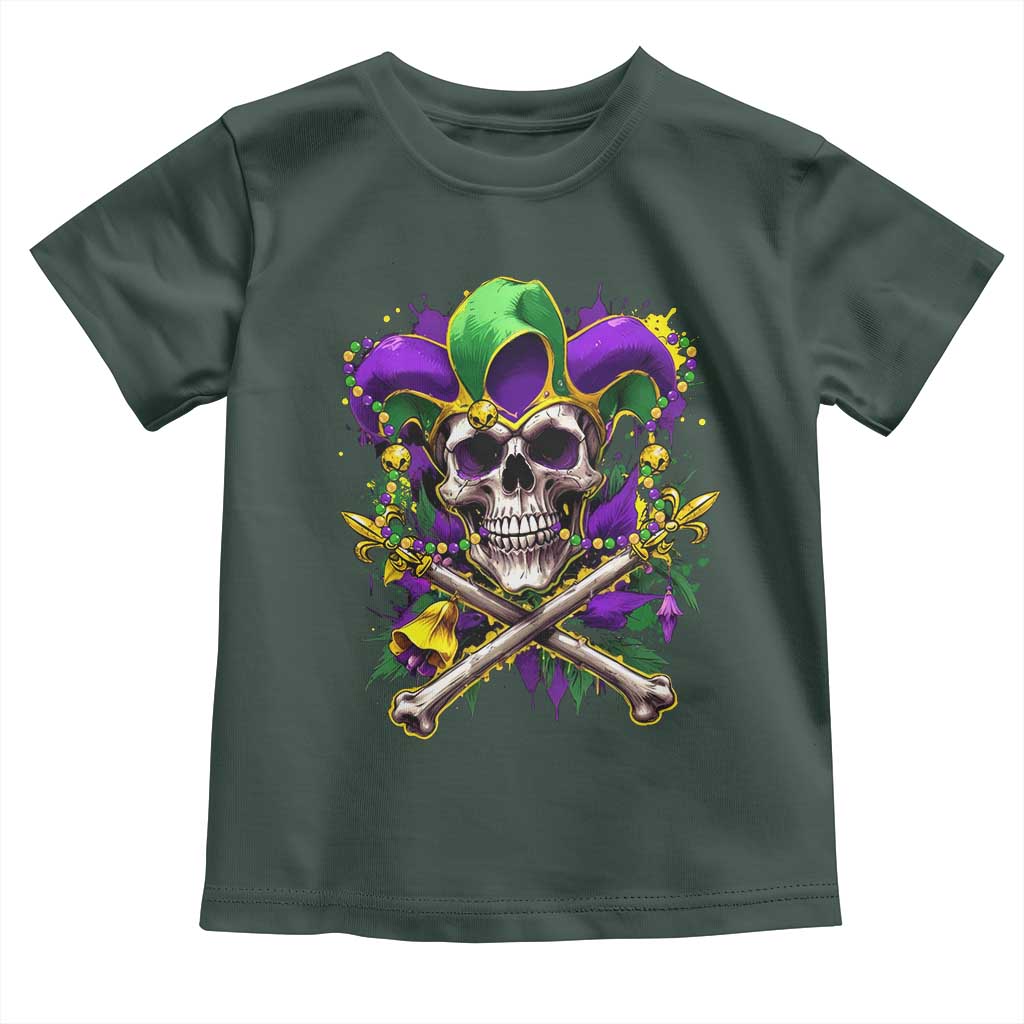 Mardi Gras Jester Skull Toddler T Shirt New Orleans Skeleton Beads TS10 Dark Forest Green Print Your Wear