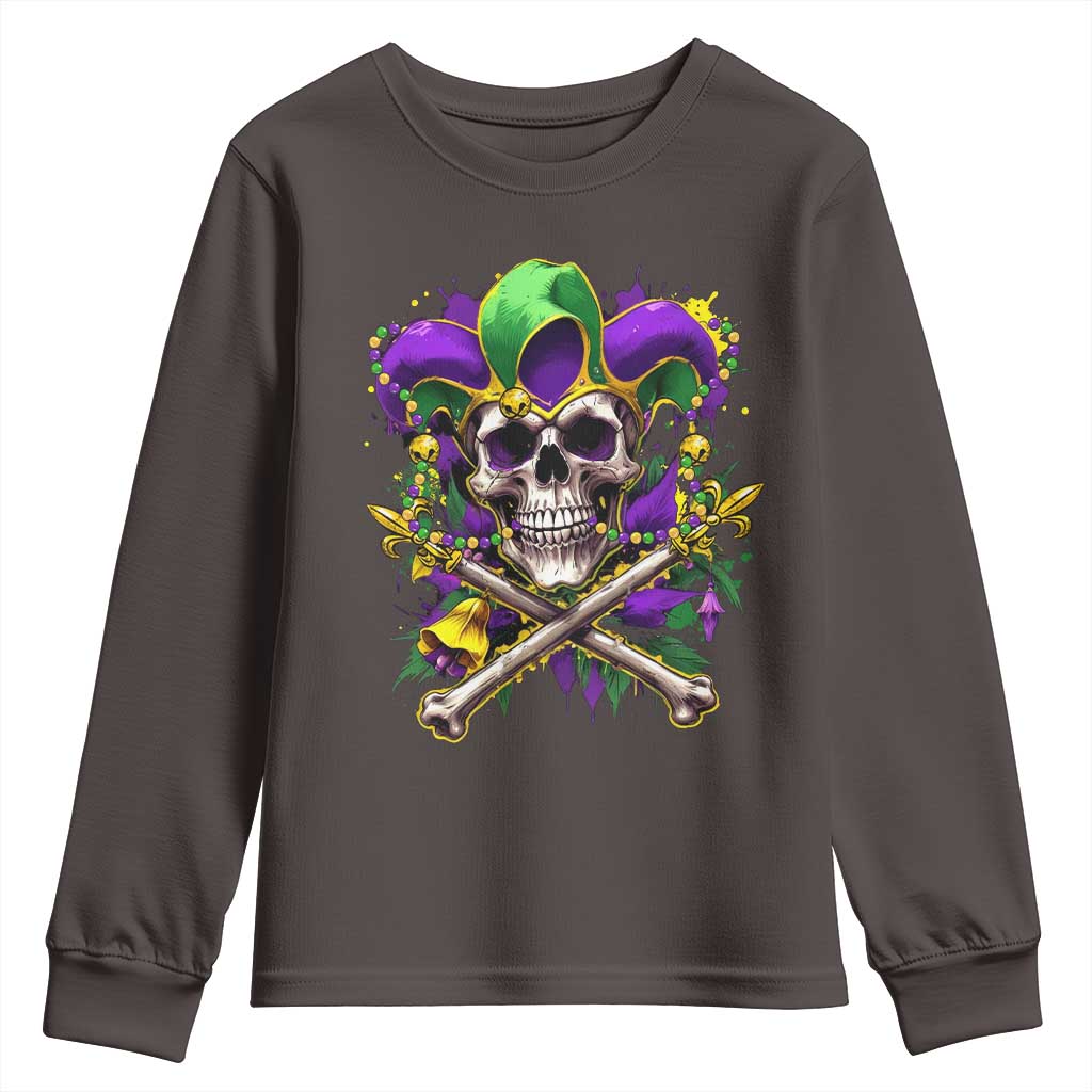 Mardi Gras Jester Skull Youth Sweatshirt New Orleans Skeleton Beads TS10 Dark Chocolate Print Your Wear