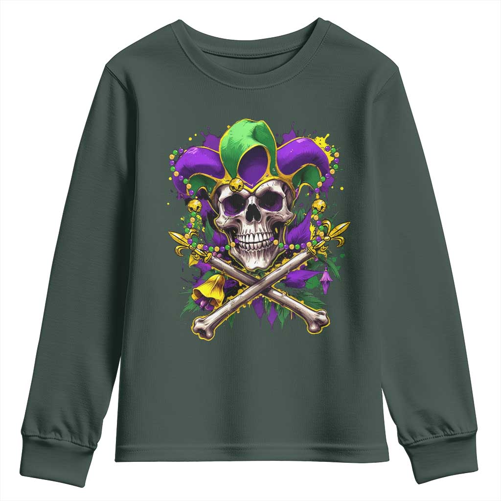 Mardi Gras Jester Skull Youth Sweatshirt New Orleans Skeleton Beads TS10 Dark Forest Green Print Your Wear