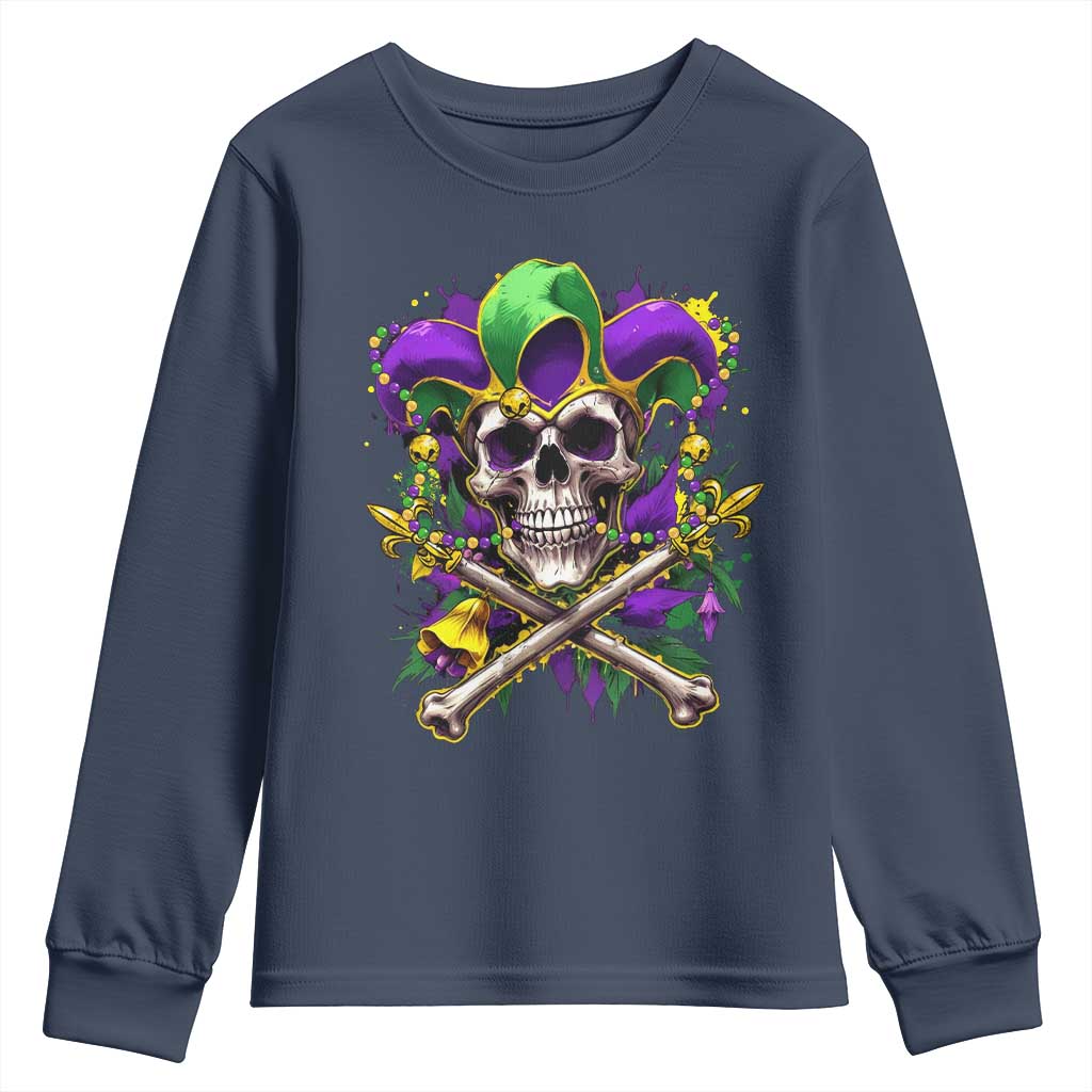 Mardi Gras Jester Skull Youth Sweatshirt New Orleans Skeleton Beads TS10 Navy Print Your Wear