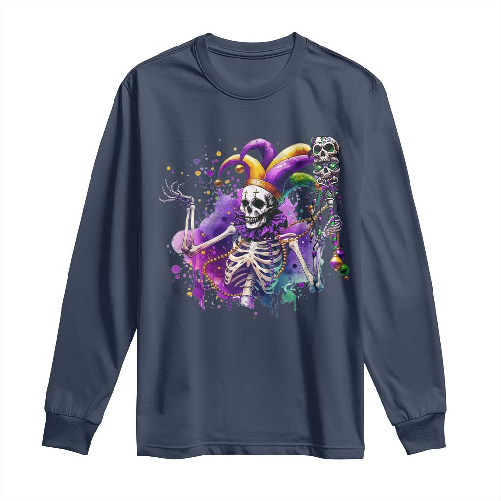 Mardi Gras Long Sleeve Shirt Jester Skeleton Skull Lovers TS10 Navy Print Your Wear