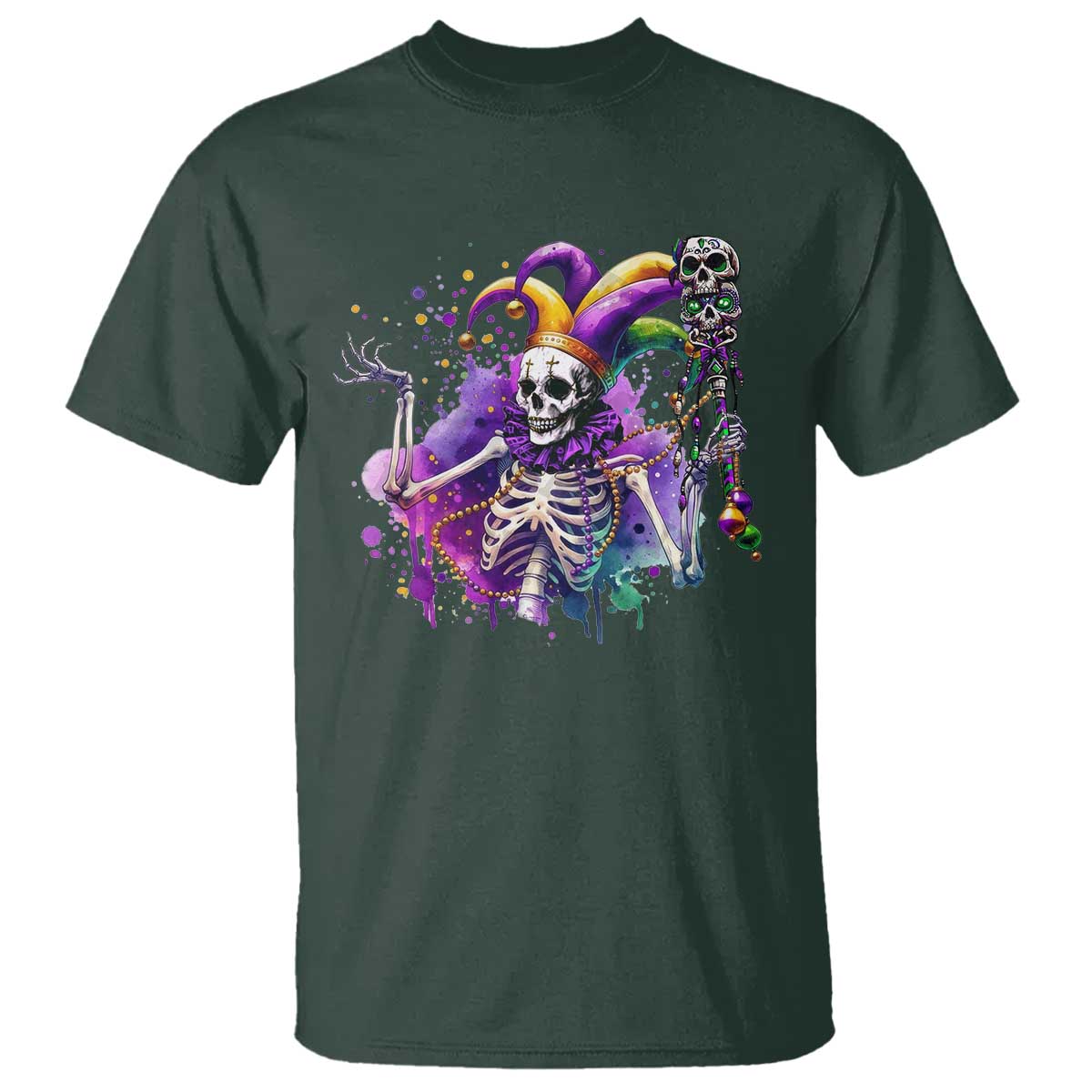 Mardi Gras T Shirt Jester Skeleton Skull Lovers TS10 Dark Forest Green Print Your Wear