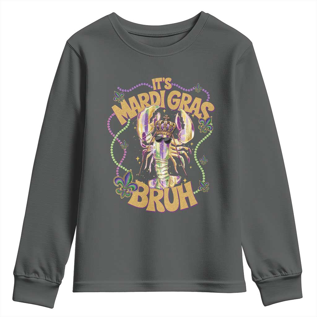 It's Mardi Gras Bruh Youth Sweatshirt Glitter Print Crawfish Beads TS10 Dark Heather Print Your Wear
