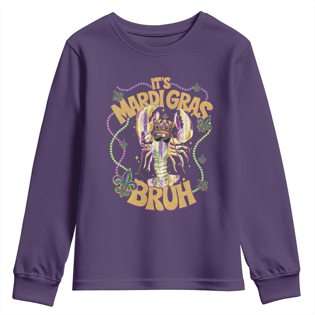 It's Mardi Gras Bruh Youth Sweatshirt Glitter Print Crawfish Beads TS10 Purple Print Your Wear