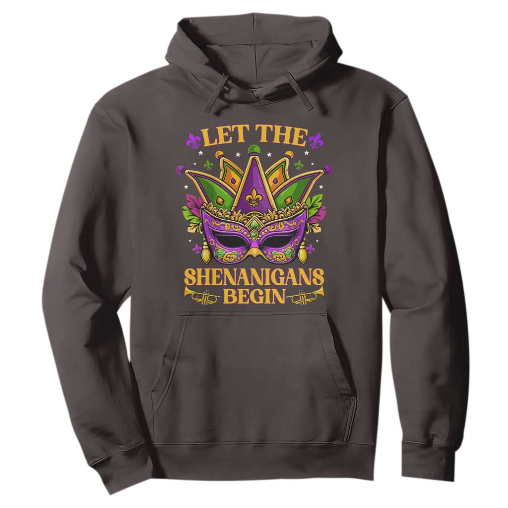 Let The Shenanigans Begin Mardi Gras Hoodie Masquerade Mask Beads TS10 Dark Chocolate Print Your Wear