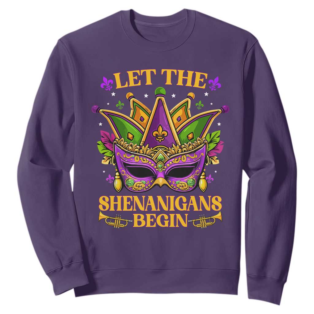 Let The Shenanigans Begin Mardi Gras Sweatshirt Masquerade Mask Beads TS10 Purple Print Your Wear