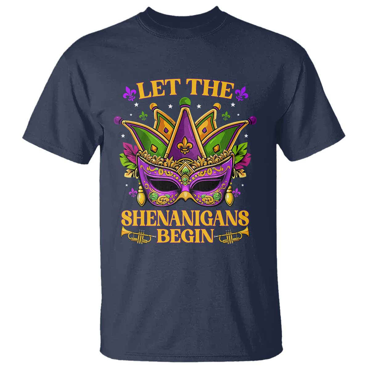 Let The Shenanigans Begin Mardi Gras T Shirt Masquerade Mask Beads TS10 Navy Print Your Wear