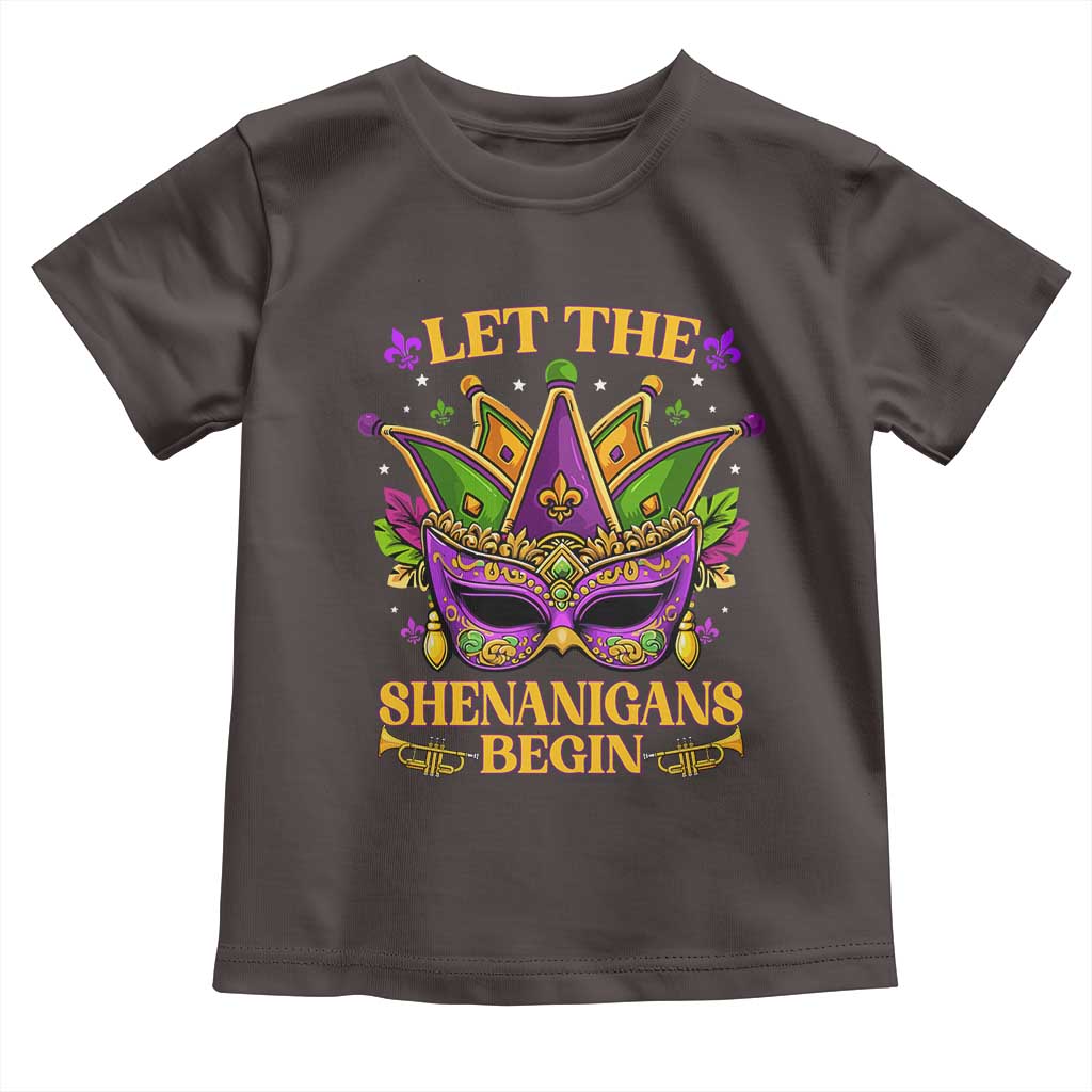 Let The Shenanigans Begin Mardi Gras Toddler T Shirt Masquerade Mask Beads TS10 Dark Chocolate Print Your Wear