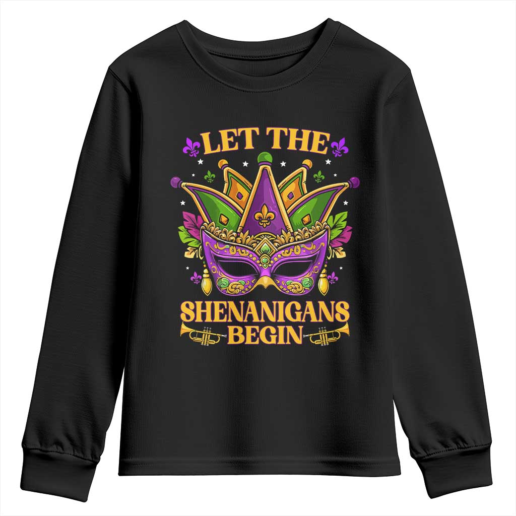 Let The Shenanigans Begin Mardi Gras Youth Sweatshirt Masquerade Mask Beads TS10 Black Print Your Wear