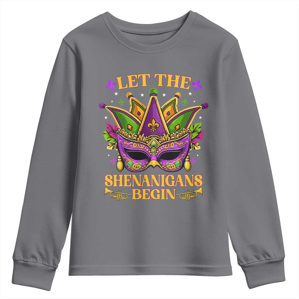 Let The Shenanigans Begin Mardi Gras Youth Sweatshirt Masquerade Mask Beads TS10 Charcoal Print Your Wear