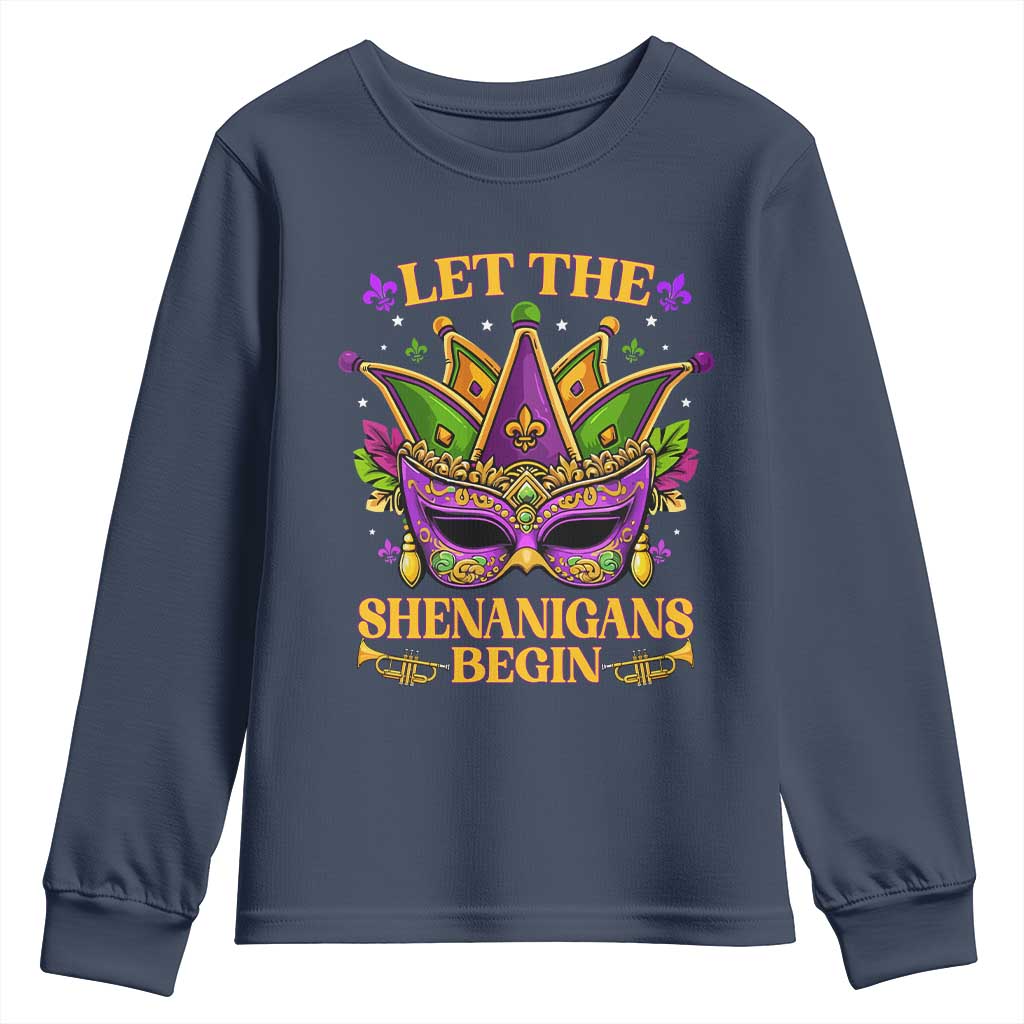 Let The Shenanigans Begin Mardi Gras Youth Sweatshirt Masquerade Mask Beads TS10 Navy Print Your Wear