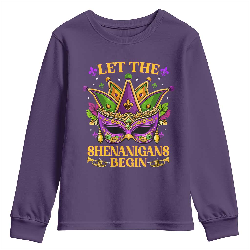 Let The Shenanigans Begin Mardi Gras Youth Sweatshirt Masquerade Mask Beads TS10 Purple Print Your Wear
