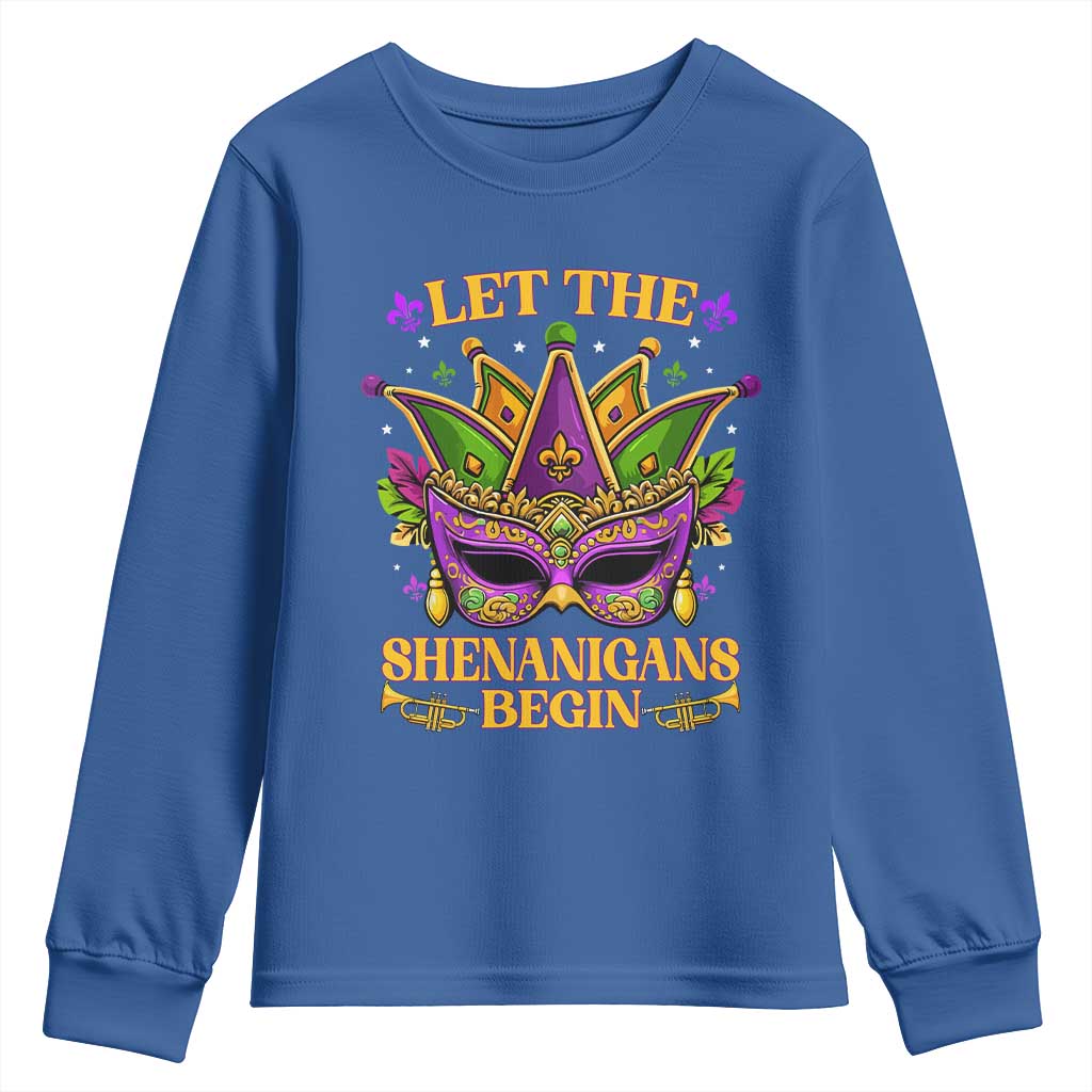 Let The Shenanigans Begin Mardi Gras Youth Sweatshirt Masquerade Mask Beads TS10 Royal Blue Print Your Wear