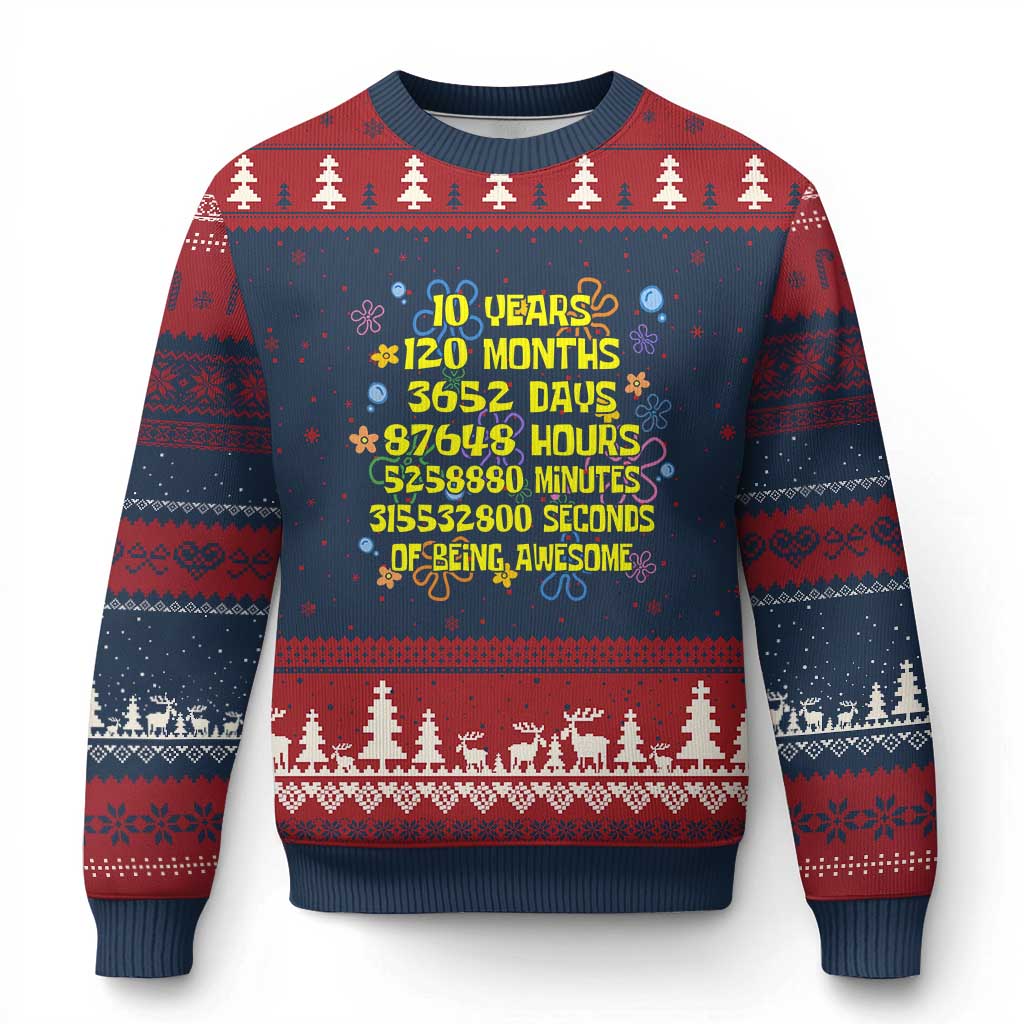 10th Birthday Gifts Ugly Christmas Sweater Flowers 10 Years Of Being Awesome 10 Year Old Bday TS10 Navy Red Print Your Wear