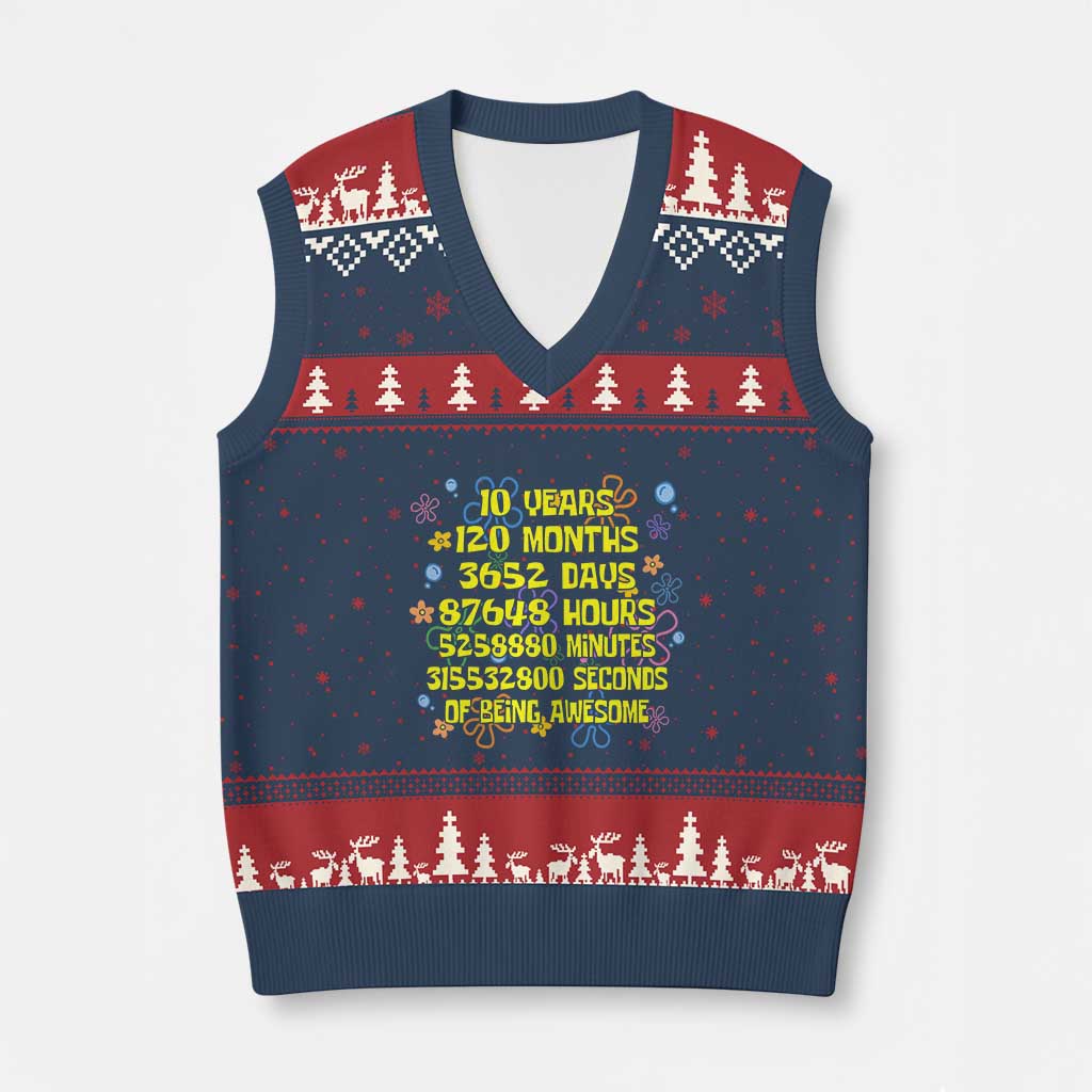 10th Birthday Gifts V-Neck Knit Sweater Vest Flowers 10 Years Of Being Awesome 10 Year Old Bday TS10 Navy Red Print Your Wear