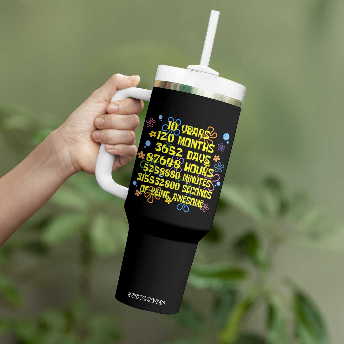 10th Birthday Gifts Tumbler With Handle Flowers 10 Years Of Being Awesome 10 Year Old Bday TS10 Print Your Wear