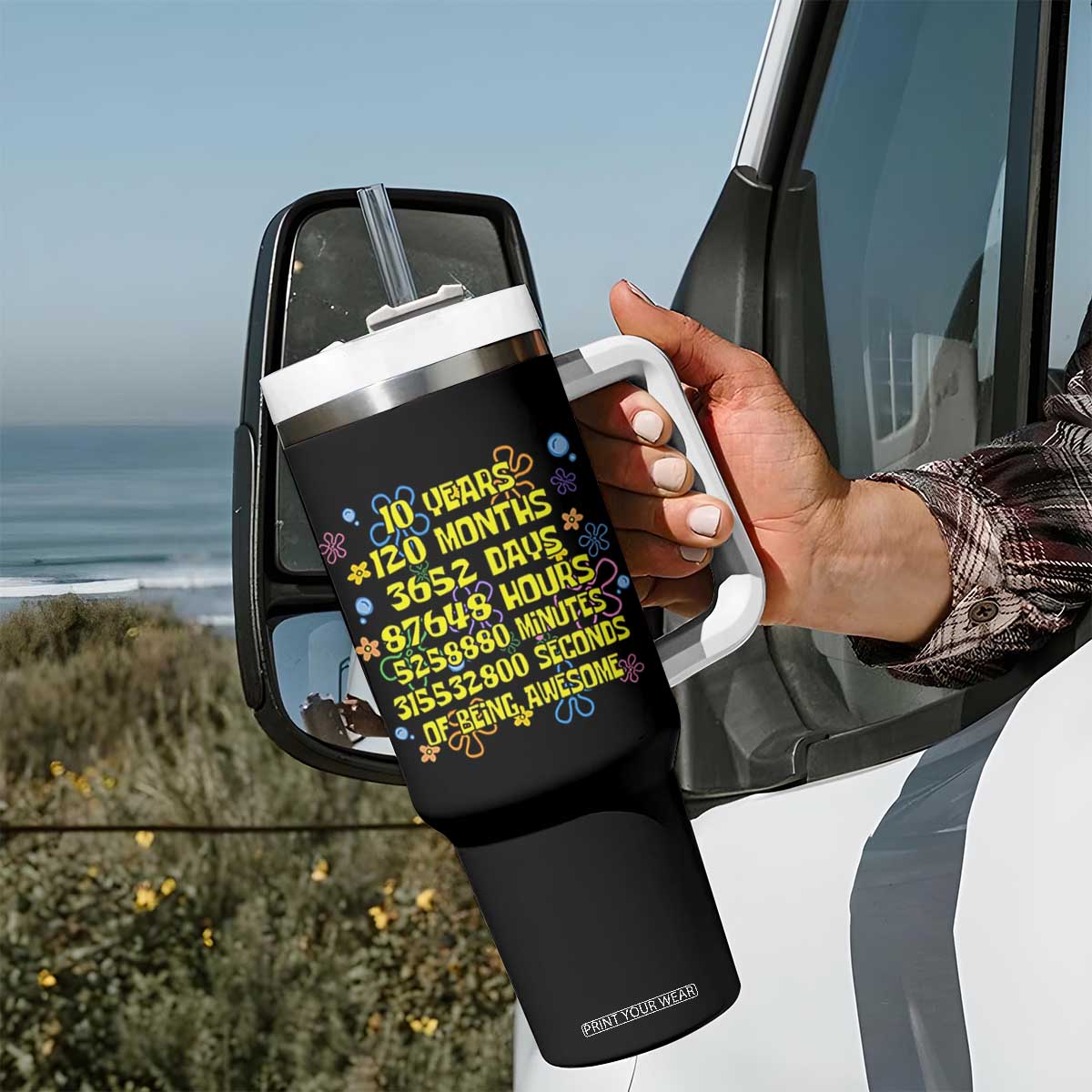 10th Birthday Gifts Tumbler With Handle Flowers 10 Years Of Being Awesome 10 Year Old Bday TS10 Print Your Wear