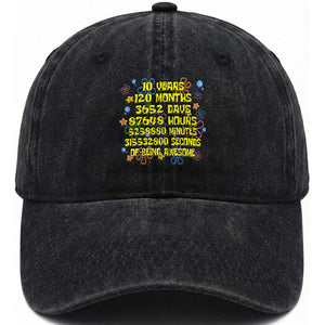 10th Birthday Gifts Washed Cotton Baseball Cap Flowers 10 Years Of Being Awesome 10 Year Old Bday TS10 Washed Cap Universal Fit Black Print Your Wear