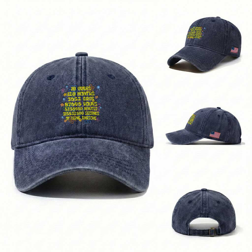 10th Birthday Gifts Washed Cotton Baseball Cap Flowers 10 Years Of Being Awesome 10 Year Old Bday TS10 Washed Cap Universal Fit Navy Print Your Wear