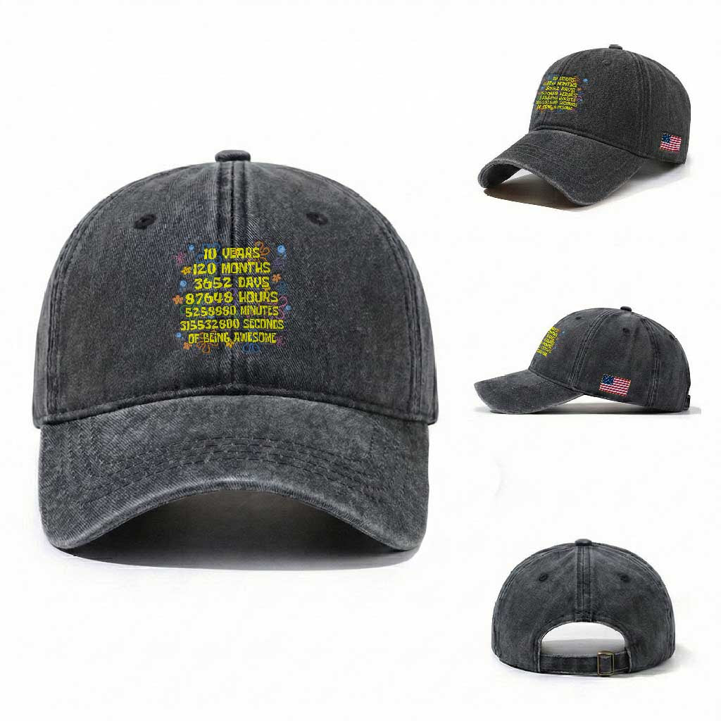 10th Birthday Gifts Washed Cotton Baseball Cap Flowers 10 Years Of Being Awesome 10 Year Old Bday TS10 Washed Cap Universal Fit Dark Gray Print Your Wear