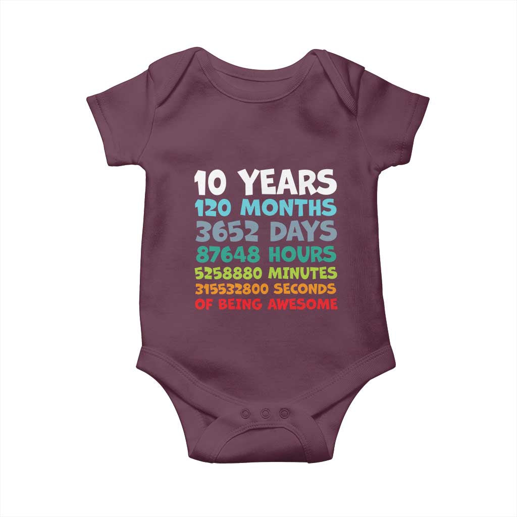 10 Year Old Bday Baby Onesie 10 Years 120 Months Of Being Awesome 10th Birthday Gifts TS10 Maroon Print Your Wear