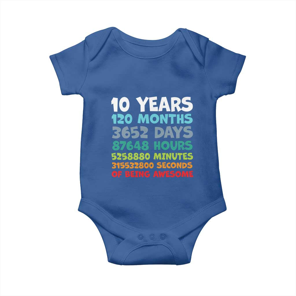 10 Year Old Bday Baby Onesie 10 Years 120 Months Of Being Awesome 10th Birthday Gifts TS10 Royal Blue Print Your Wear