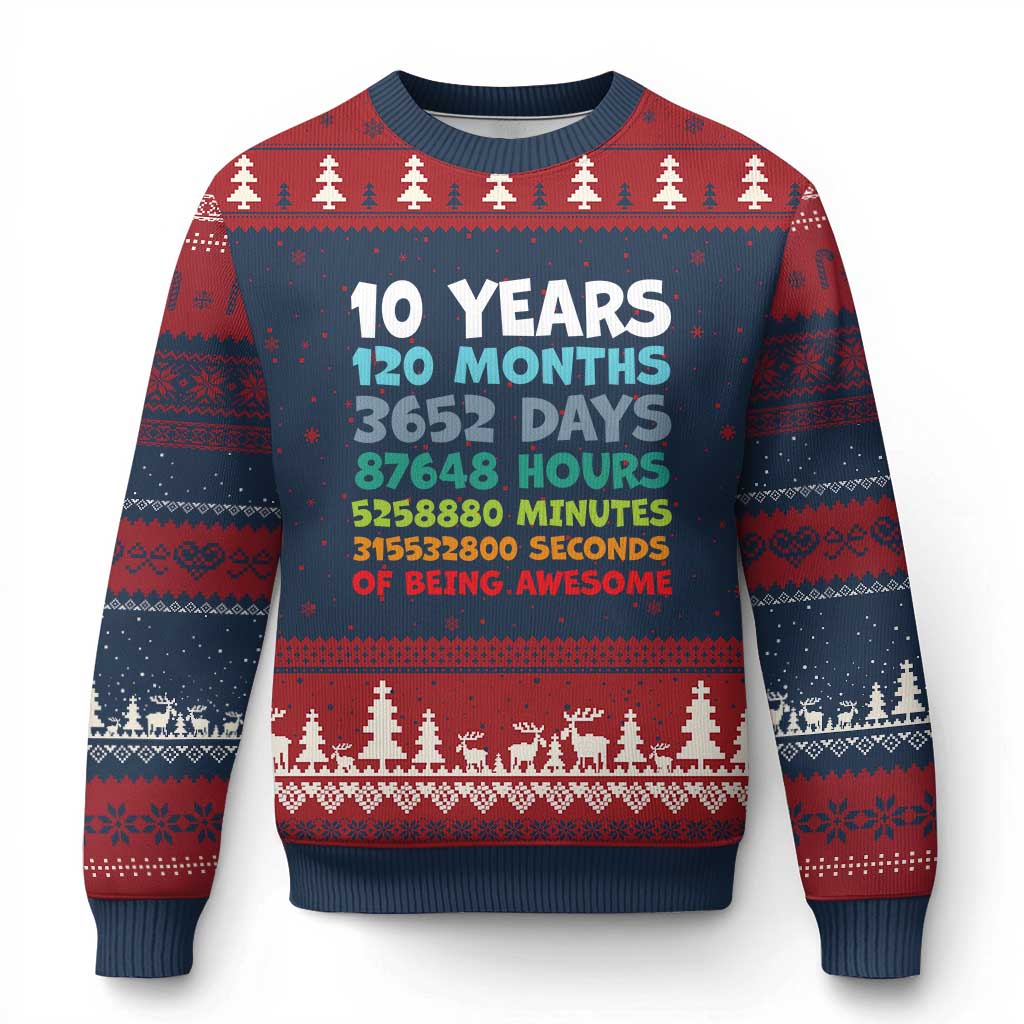 10 Year Old Bday Ugly Christmas Sweater 10 Years 120 Months Of Being Awesome 10th Birthday Gifts TS10 Navy Red Print Your Wear