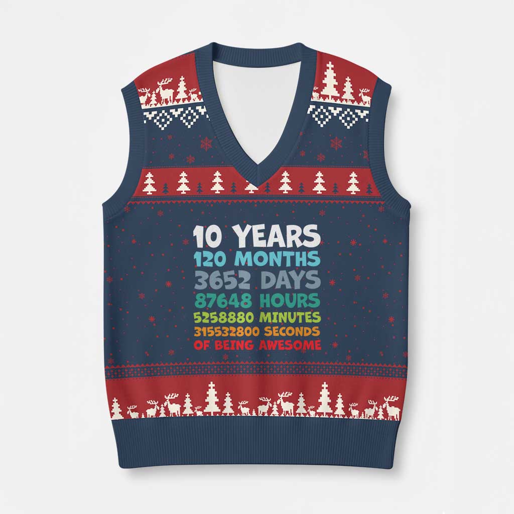 10 Year Old Bday V-Neck Knit Sweater Vest 10 Years 120 Months Of Being Awesome 10th Birthday Gifts TS10 Navy Red Print Your Wear