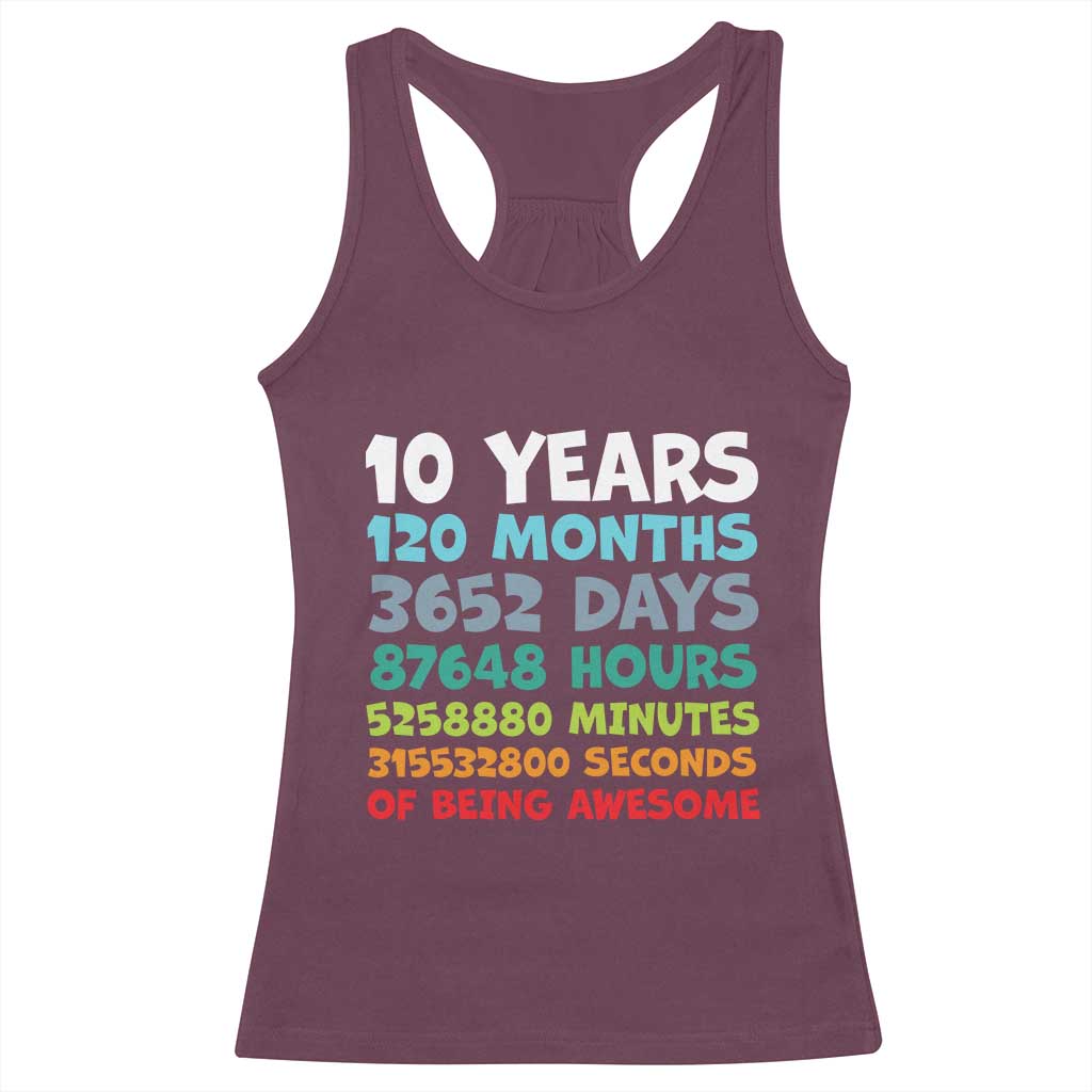 10 Year Old Bday Racerback Tank Top 10 Years 120 Months Of Being Awesome 10th Birthday Gifts TS10 Maroon Print Your Wear