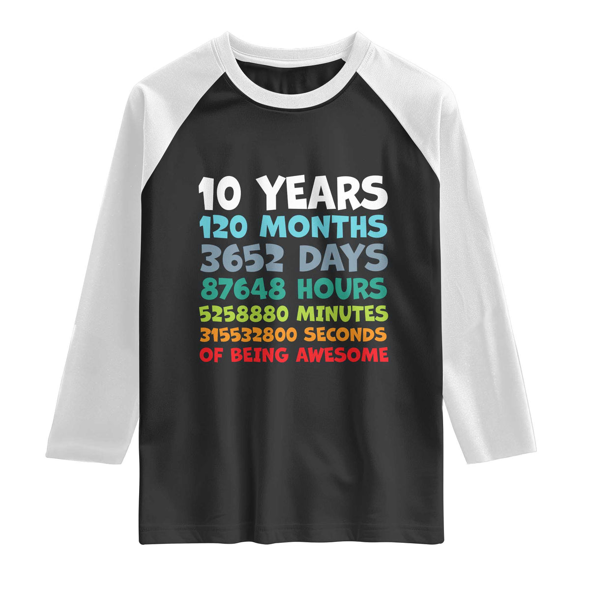 10 Year Old Bday Raglan Shirt 10 Years 120 Months Of Being Awesome 10th Birthday Gifts TS10 Black White Print Your Wear