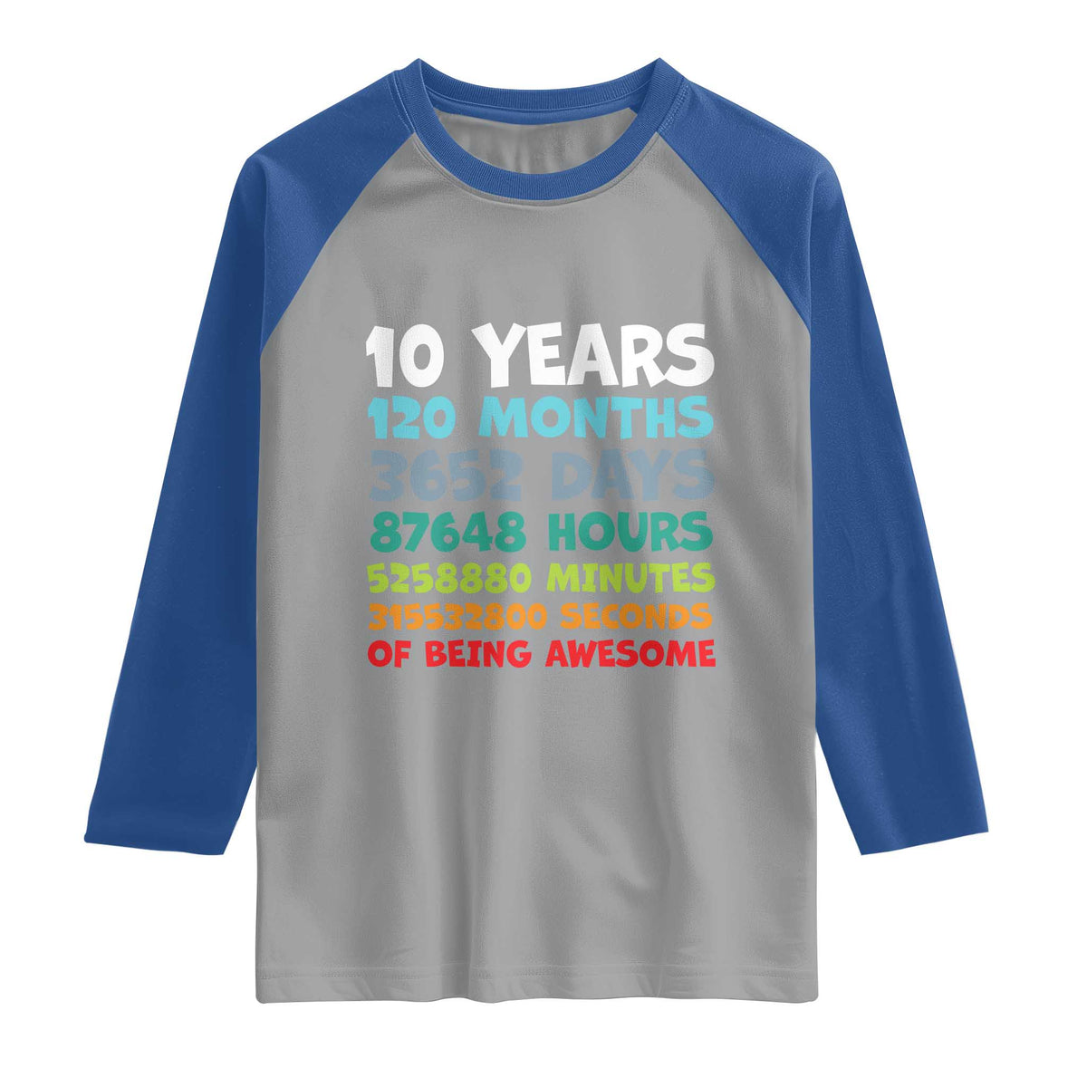 10 Year Old Bday Raglan Shirt 10 Years 120 Months Of Being Awesome 10th Birthday Gifts TS10 Sport Gray Royal Print Your Wear